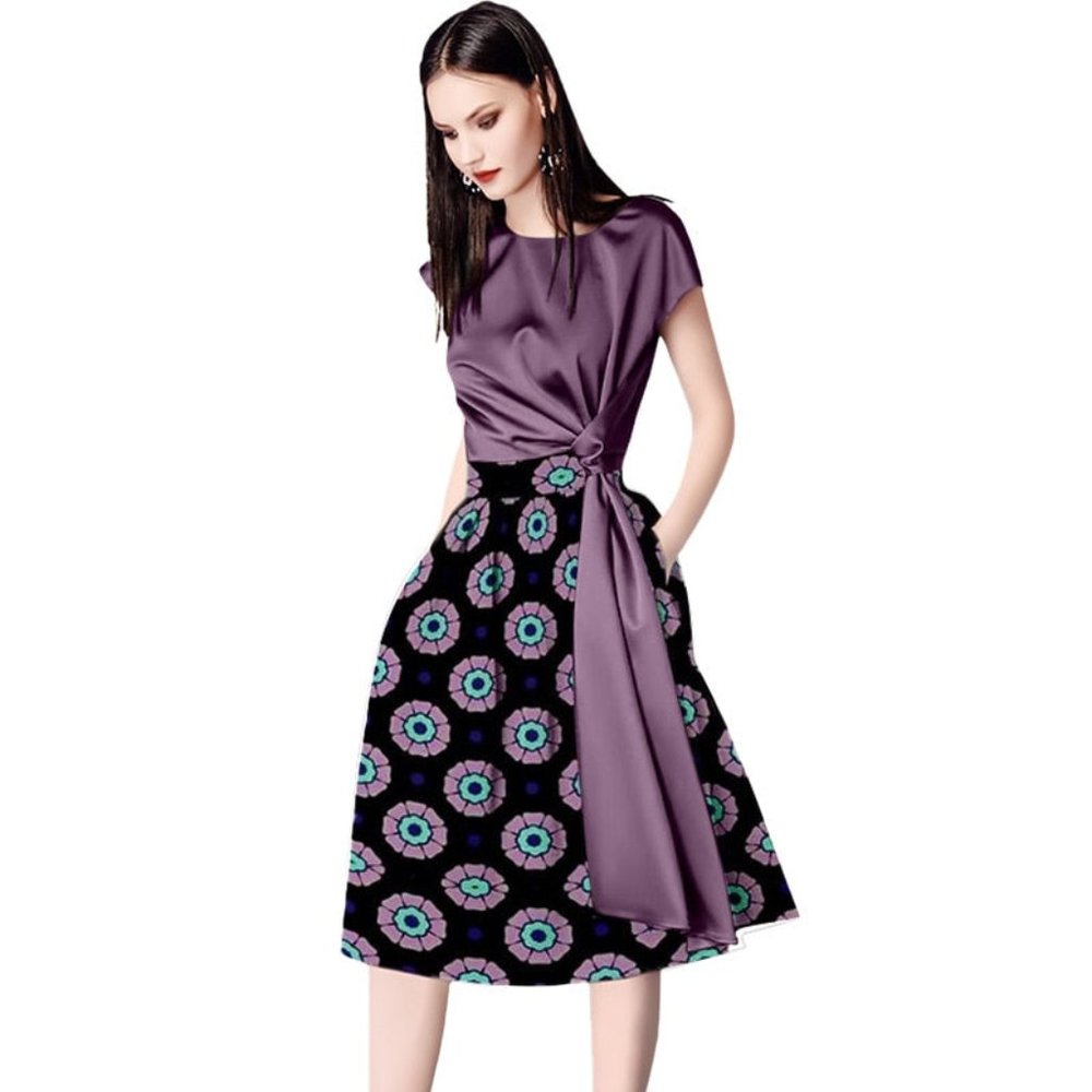 Women Blouse and Skirt Set Print Midi Skirt and Solid Blouse